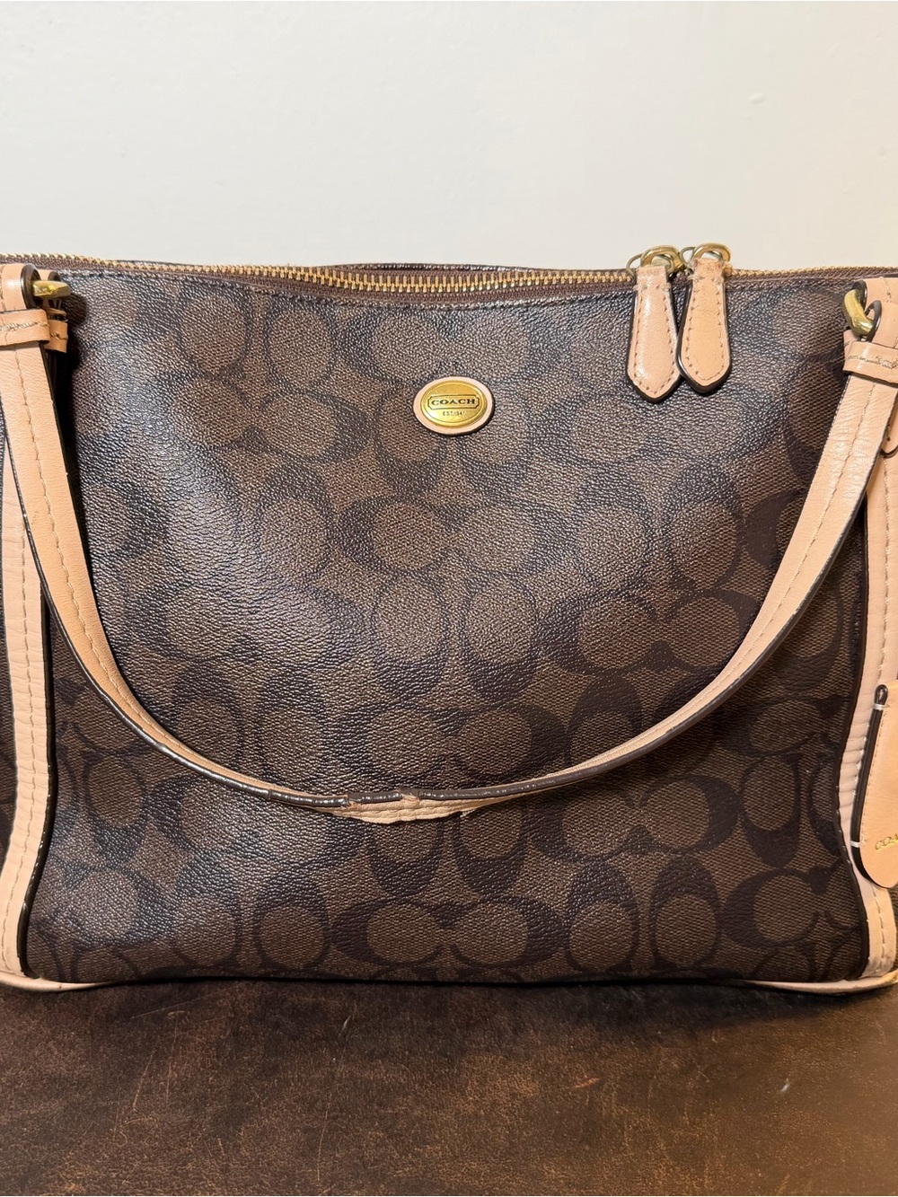 Coach Peyton Signature Brown Canvas Pocket Tote Shoulder Bag